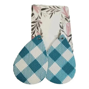 Teal Gingham Pattern Faux Leather Dangle Chic Lightweight Earrings   1T14